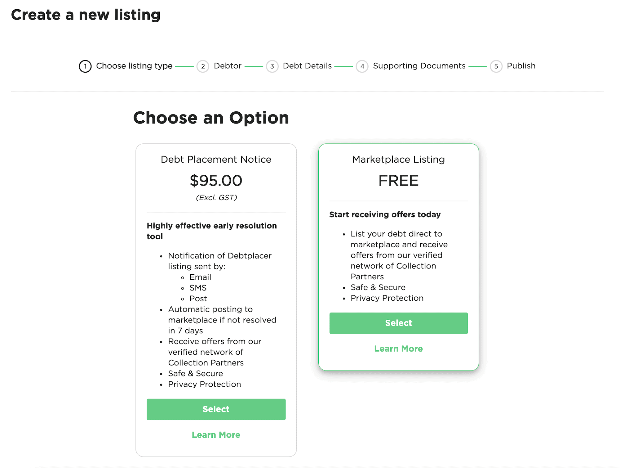 Choose a listing type in the Debtplacer app